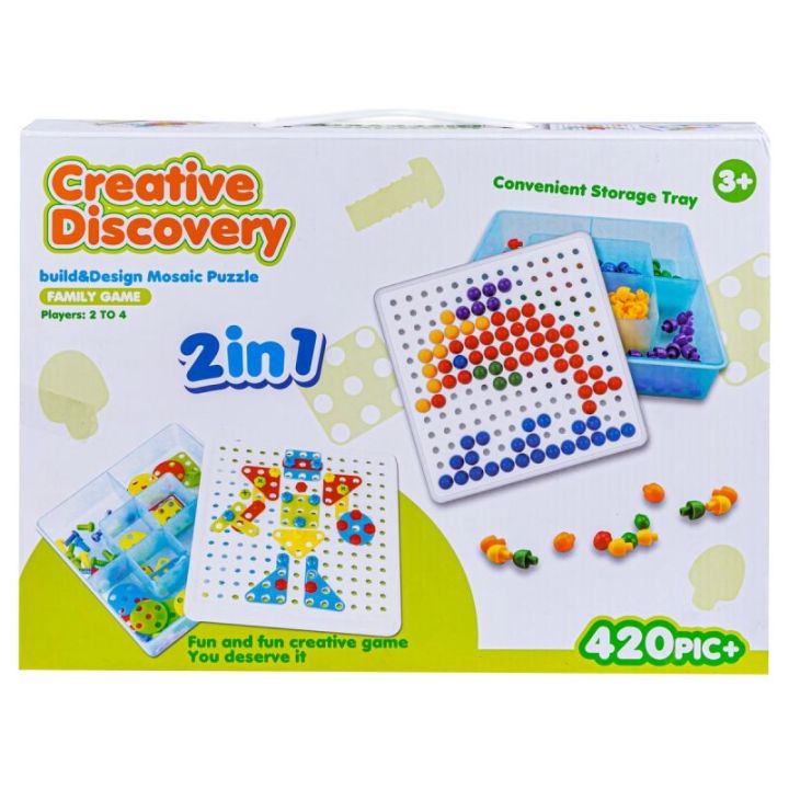 Kreatywna Mozaika, Układanka, Klocki 2w1, Wkrętak Śrubki Guziki 420 el.