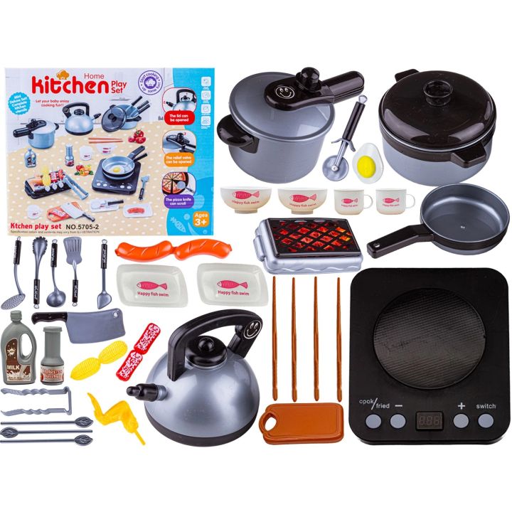 SREBRNY Zestaw Kuchenny Do Gotowania, Garnek, Czajnik, Patelnia, Akcesoria