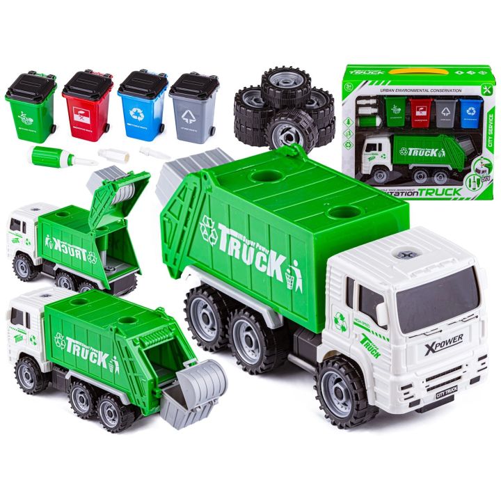 Ciężarówka Auto Samochód Śmieciarka Do Rozkręcania + Zestaw Koszy Na Śmieci