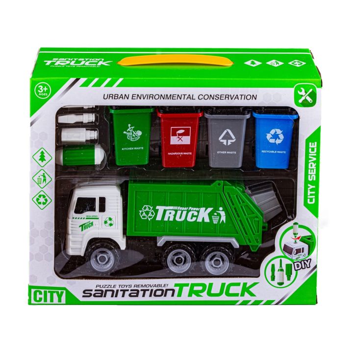 Ciężarówka Auto Samochód Śmieciarka Do Rozkręcania + Zestaw Koszy Na Śmieci