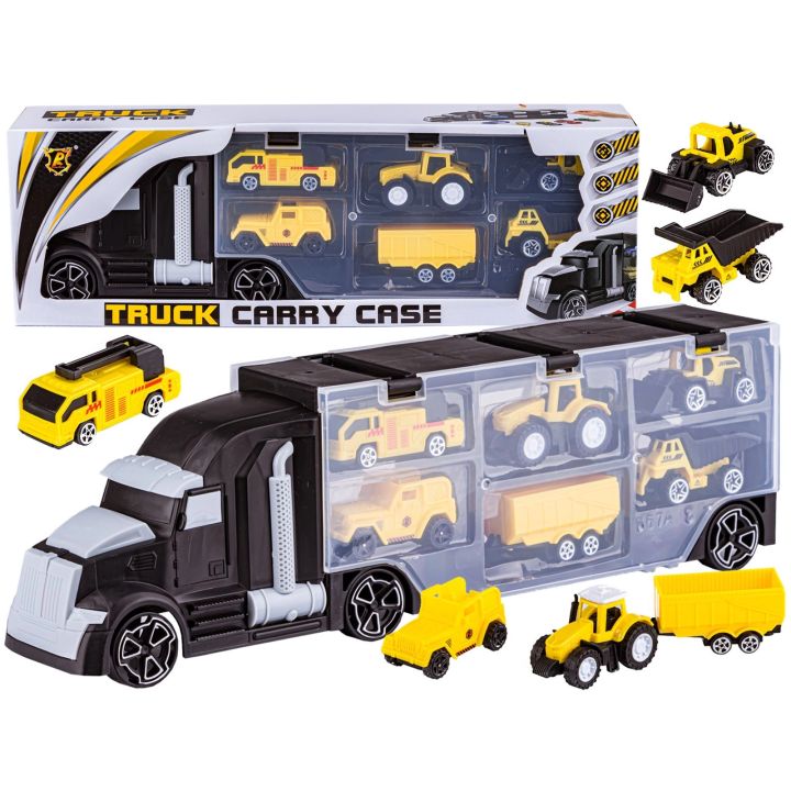 Czarna Ciężarówka, Transporter + Auta, Otwierana Laweta, Pojazdy Budowlane, Traktor, Jeep 6w1