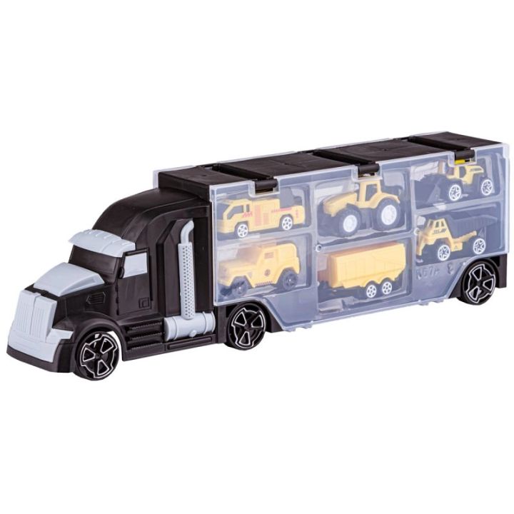 Czarna Ciężarówka, Transporter + Auta, Otwierana Laweta, Pojazdy Budowlane, Traktor, Jeep 6w1