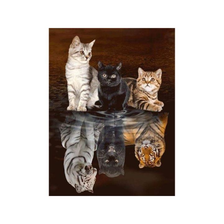 Haft Diamentowy, Obraz, Mozaika Diamentowa Diamond Painting, ODBICIE LUSTRZANE - TRZY KOTY 30x40cm