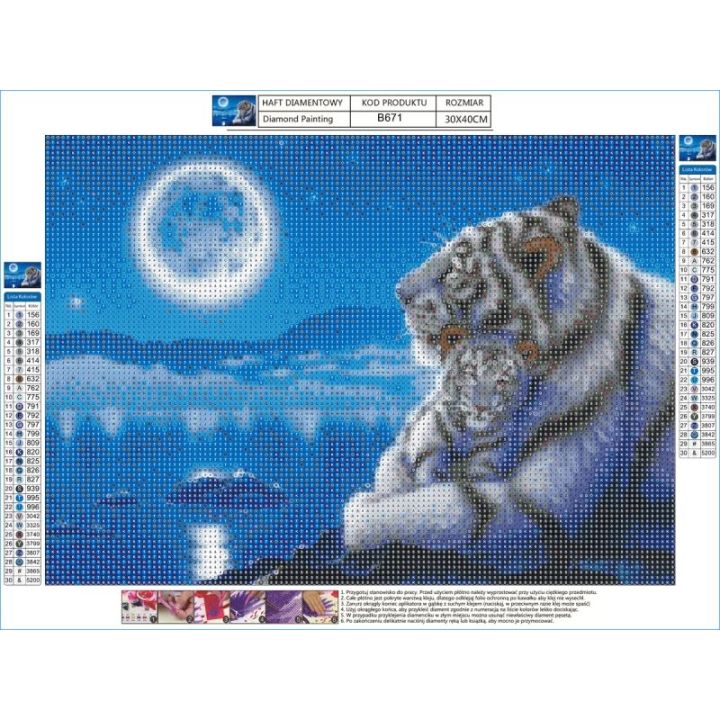 Haft Diamentowy, Obraz, Mozaika Diamentowa Diamond Painting, BIAŁE TYGRYSY W BLASKU KSIĘŻYCA 40x30cm