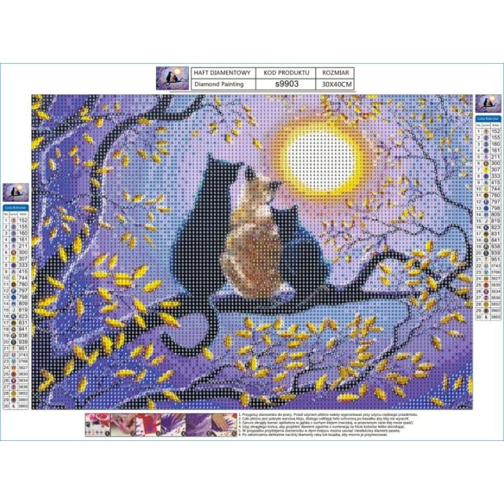 Haft Diamentowy, Obraz, Mozaika Diamentowa Diamond Painting, RODZINA KOTÓW NA DRZEWIE 40x30cm