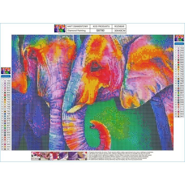 Haft Diamentowy, Obraz, Mozaika Diamentowa Diamond Painting, SŁONIE W KOLORZE 40x30cm