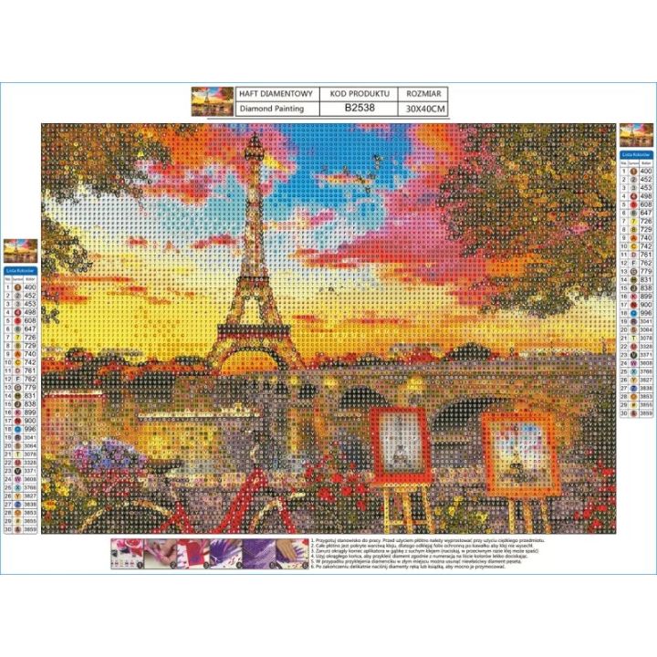 Haft Diamentowy, Obraz, Mozaika Diamentowa Diamond Painting, PANORAMA PARYŻA  Wieża Eiffla 40x30cm