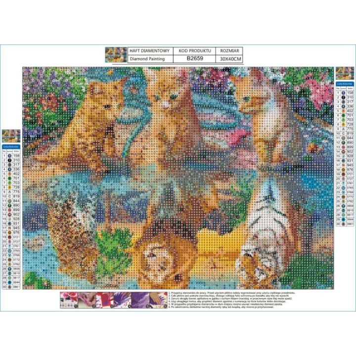 Haft Diamentowy, Obraz, Mozaika Diamentowa Diamond Painting, ODBICIE LUSTRZANE - LAMPART, LEW, TYGRYS 40x30cm