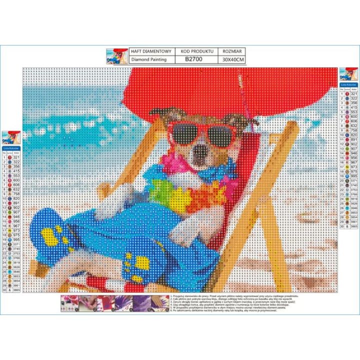 Haft Diamentowy, Obraz, Mozaika Diamentowa Diamond Painting, PIES NA LEŻAKU 40x30cm