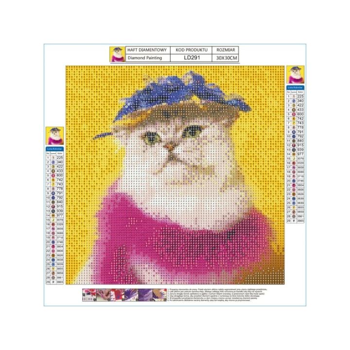 Haft Diamentowy, Obraz, Mozaika Diamentowa Diamond Painting, KOT W KAPELUSZU 30x30cm