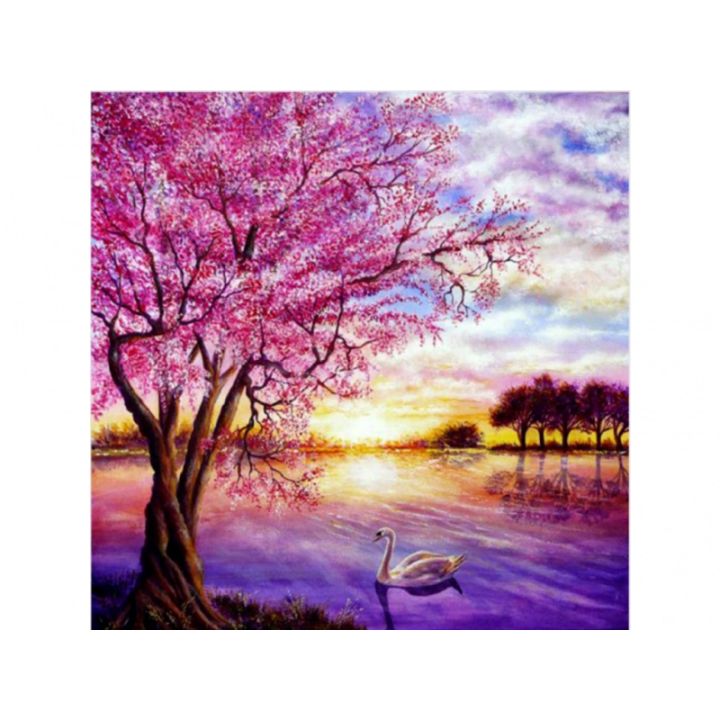 Haft Diamentowy, Obraz, Mozaika Diamentowa Diamond Painting, ZACHÓD SŁOŃCA NAD JEZIOREM 30x30cm