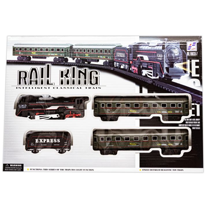 Elektryczna Kolejka Rail King – tory 286 cm, parowóz z węglarką i 2 wagonami pasażerskimi (skala 1:136)