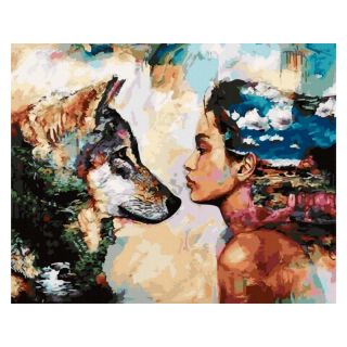 OBRAZ MALOWANIE PO NUMERACH RAMA 50x40cm SPOJRZENIE - WILK I KOBIETA