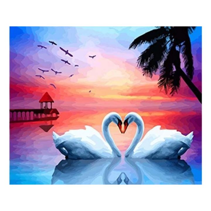 OBRAZ MALOWANIE PO NUMERACH RAMA 50x40cm DWA ŁABĘDZIE - SERCE