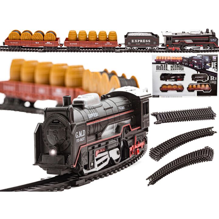 Elektryczna Kolejka Rail King – tory 286 cm, parowóz z węglarką, wagonami z bębnami kablowymi i z beczkami (skala 1:136)