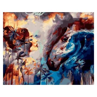 OBRAZ MALOWANIE PO NUMERACH RAMA 50x40cm SPOJRZENIE - KOBIETA I KOŃ