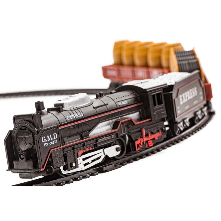 Elektryczna Kolejka Rail King – tory 286 cm, parowóz z węglarką, wagonami z bębnami kablowymi i z beczkami (skala 1:136)