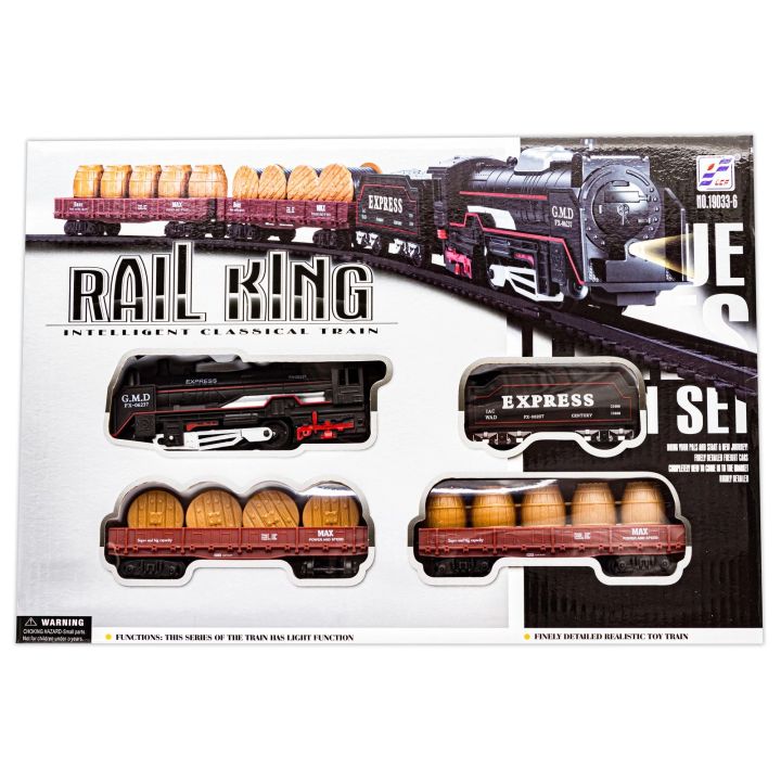 Elektryczna Kolejka Rail King – tory 286 cm, parowóz z węglarką, wagonami z bębnami kablowymi i z beczkami (skala 1:136)