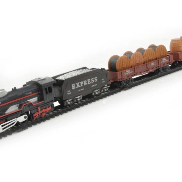 Elektryczna Kolejka Rail King – tory 286 cm, parowóz z węglarką, wagonami z bębnami kablowymi i z beczkami (skala 1:136)