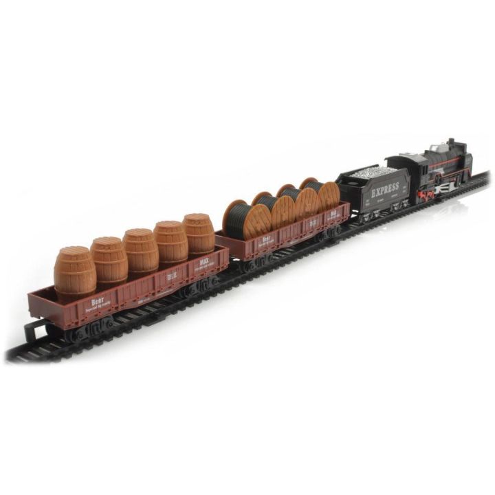 Elektryczna Kolejka Rail King – tory 286 cm, parowóz z węglarką, wagonami z bębnami kablowymi i z beczkami (skala 1:136)