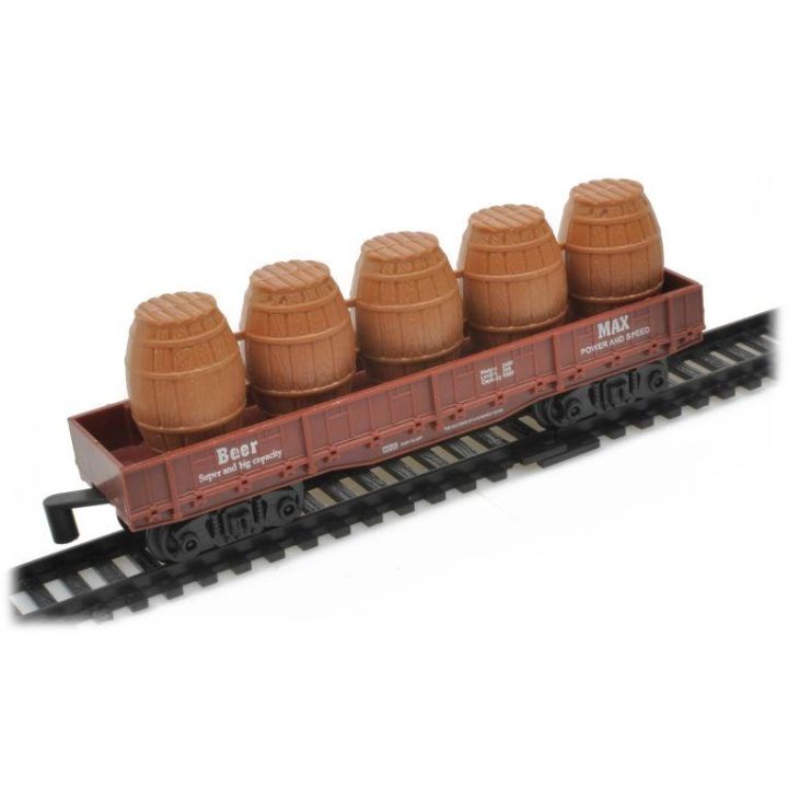 Elektryczna Kolejka Rail King – tory 286 cm, parowóz z węglarką, wagonami z bębnami kablowymi i z beczkami (skala 1:136)