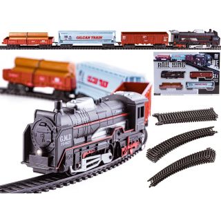 Elektryczna Kolejka Rail King – tory 286 cm, parowóz z wagonami z węglem, z pniami i cysterną (skala 1:136)