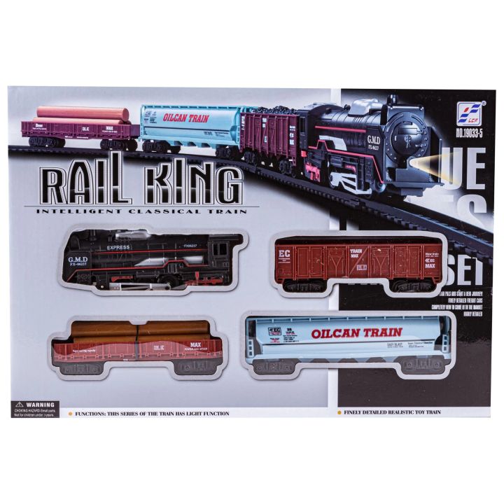 Elektryczna Kolejka Rail King – tory 286 cm, parowóz z wagonami z węglem, z pniami i cysterną (skala 1:136)