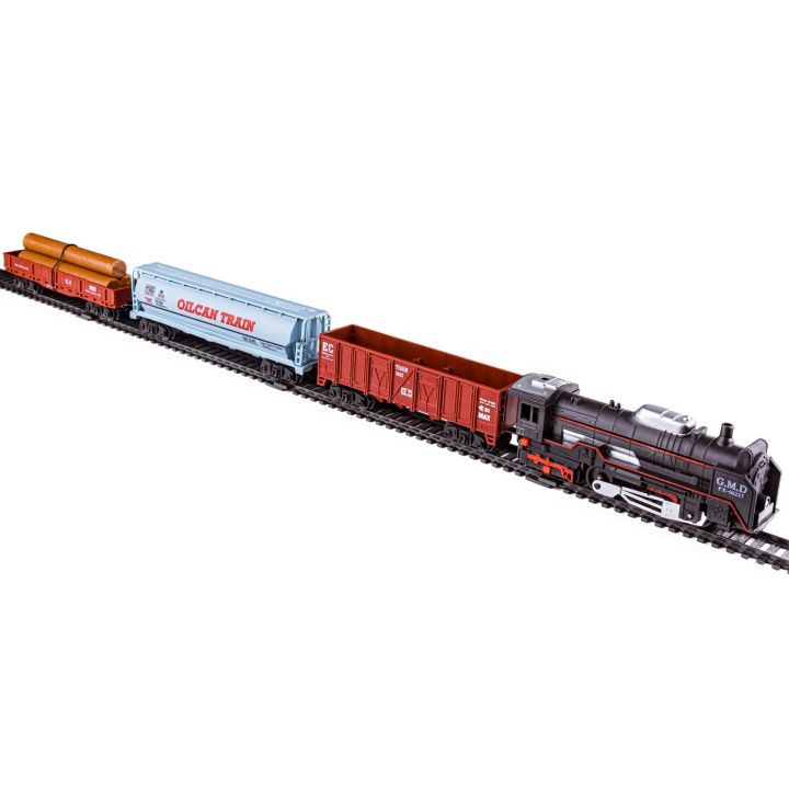 Elektryczna Kolejka Rail King – tory 286 cm, parowóz z wagonami z węglem, z pniami i cysterną (skala 1:136)