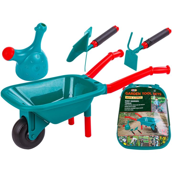 Zestaw Narzędzi Ogrodowych Dla Dzieci Taczka + Akcesoria 12 Elementów Motyka Konewka