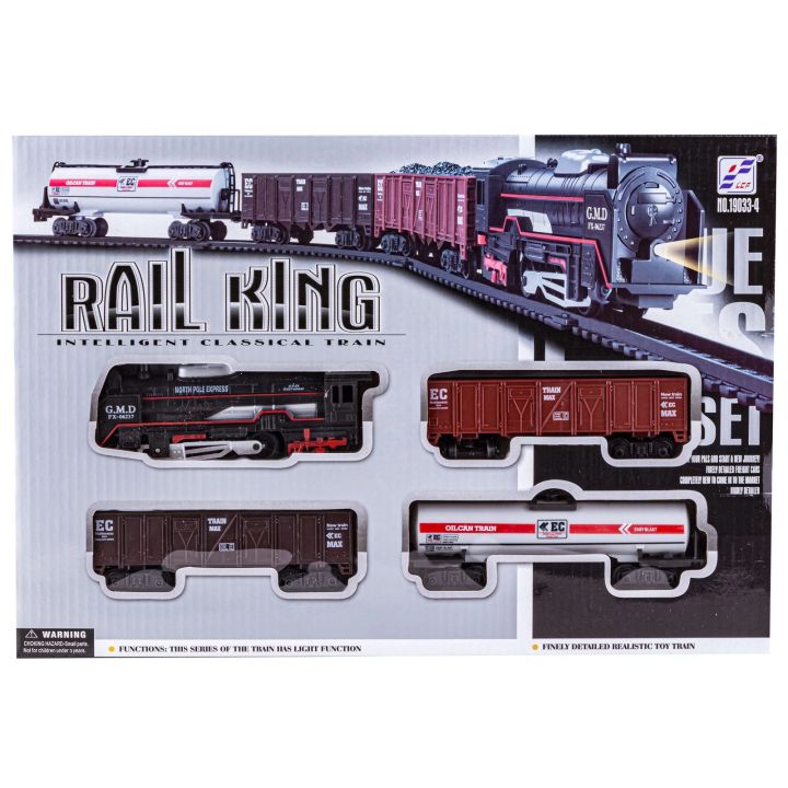 Elektryczna Kolejka Rail King – tory 286 cm, parowóz z wagonami z węglem, towarowym i cysterną (skala 1:136)