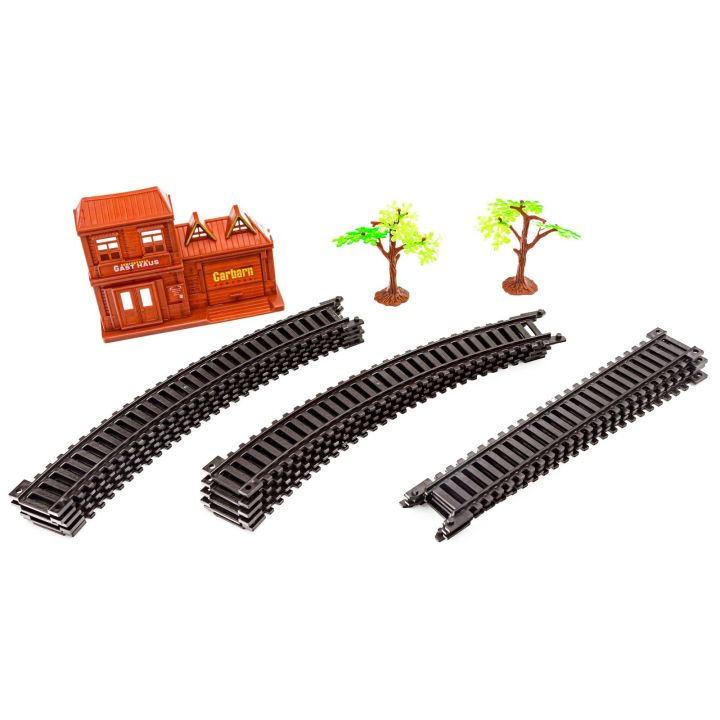 Elektryczna Kolejka Rail King – tory 286 cm i dworzec, parowóz z wagonem towarowym i 2 cysternami (skala 1:136)