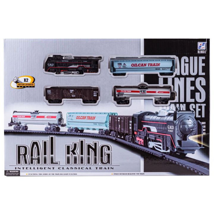 Elektryczna Kolejka Rail King – tory 286 cm i dworzec, parowóz z wagonem towarowym i 2 cysternami (skala 1:136)