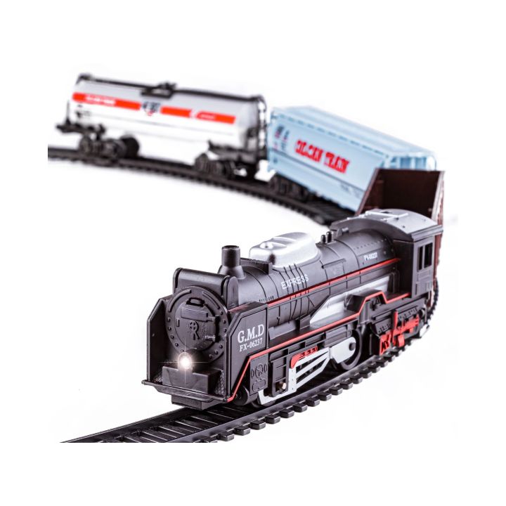 Elektryczna Kolejka Rail King – tory 286 cm i dworzec, parowóz z wagonem towarowym i 2 cysternami (skala 1:136)