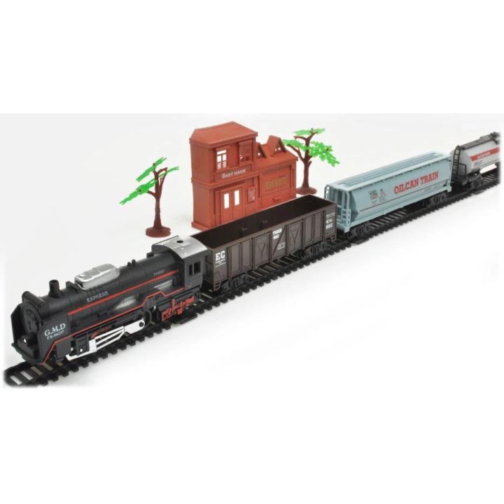 Elektryczna Kolejka Rail King – tory 286 cm i dworzec, parowóz z wagonem towarowym i 2 cysternami (skala 1:136)