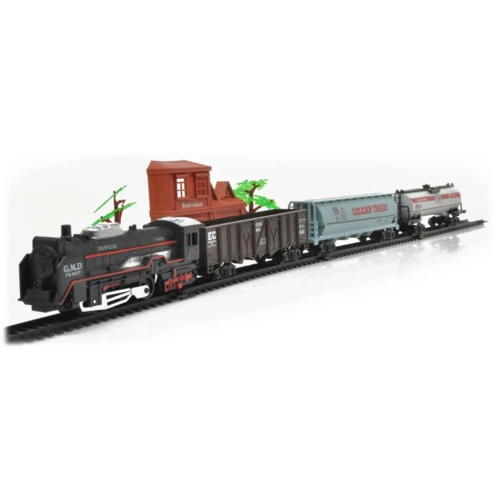 Elektryczna Kolejka Rail King – tory 286 cm i dworzec, parowóz z wagonem towarowym i 2 cysternami (skala 1:136)