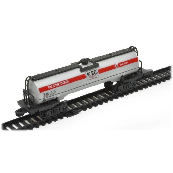 Elektryczna Kolejka Rail King – tory 286 cm i dworzec, parowóz z wagonem towarowym i 2 cysternami (skala 1:136)