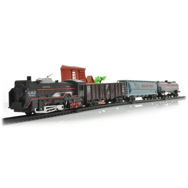 Elektryczna Kolejka Rail King – tory 286 cm i dworzec, parowóz z wagonem towarowym i 2 cysternami (skala 1:136)