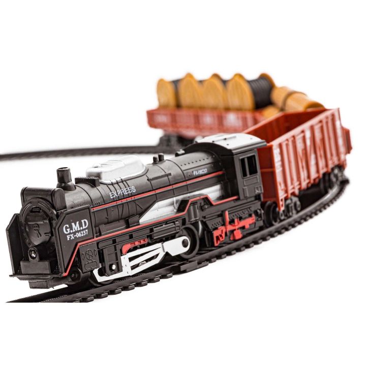 Elektryczna Kolejka Rail King – tory 286 cm i dworzec, parowóz z wagonami z węglem, z bębnami kablowymi i z pniami (skala 1:136)