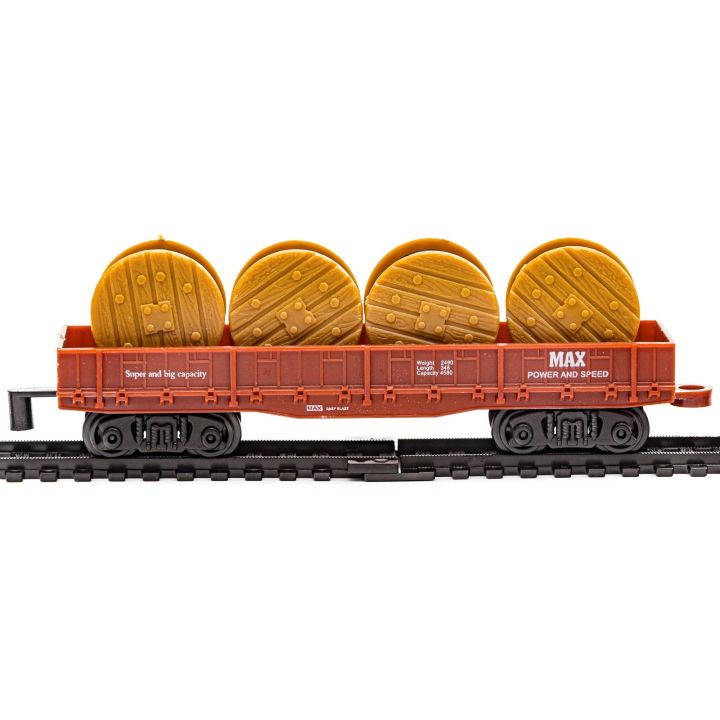 Elektryczna Kolejka Rail King – tory 286 cm i dworzec, parowóz z wagonami z węglem, z bębnami kablowymi i z pniami (skala 1:136)