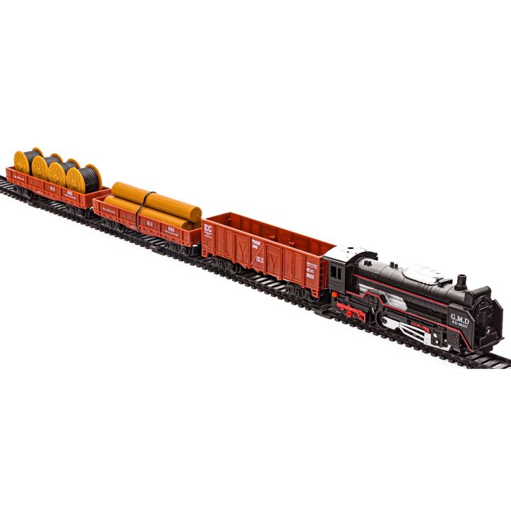 Elektryczna Kolejka Rail King – tory 286 cm i dworzec, parowóz z wagonami z węglem, z bębnami kablowymi i z pniami (skala 1:136)