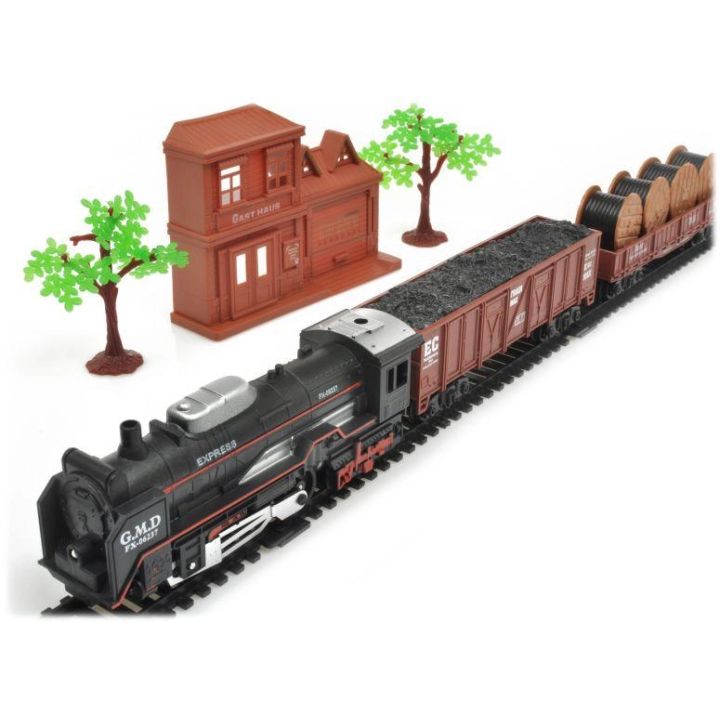 Elektryczna Kolejka Rail King – tory 286 cm i dworzec, parowóz z wagonami z węglem, z bębnami kablowymi i z pniami (skala 1:136)