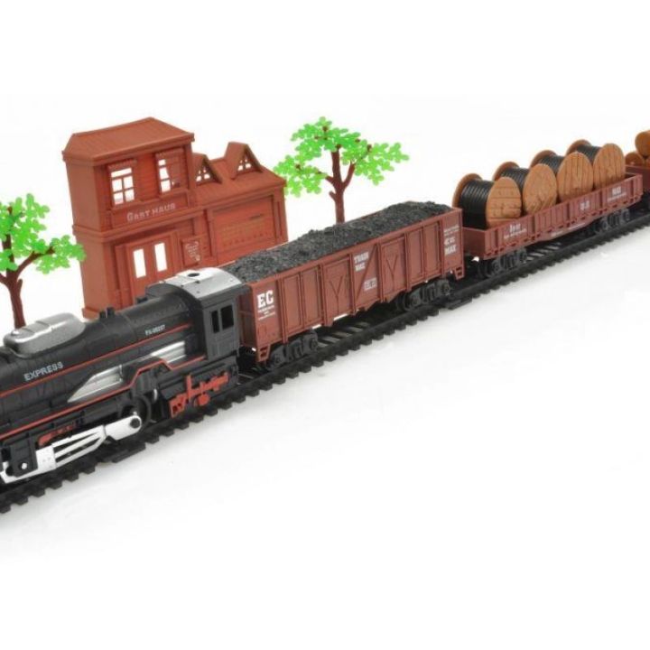Elektryczna Kolejka Rail King – tory 286 cm i dworzec, parowóz z wagonami z węglem, z bębnami kablowymi i z pniami (skala 1:136)