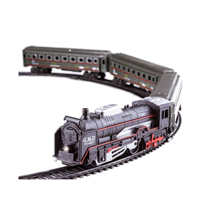 Elektryczna Kolejka Rail King – tory 286 cm i dworzec, parowóz z 3 wagonami pasażerskimi (skala 1:136)