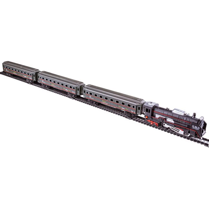 Elektryczna Kolejka Rail King – tory 286 cm i dworzec, parowóz z 3 wagonami pasażerskimi (skala 1:136)