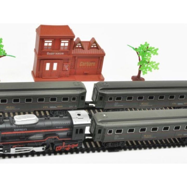 Elektryczna Kolejka Rail King – tory 286 cm i dworzec, parowóz z 3 wagonami pasażerskimi (skala 1:136)