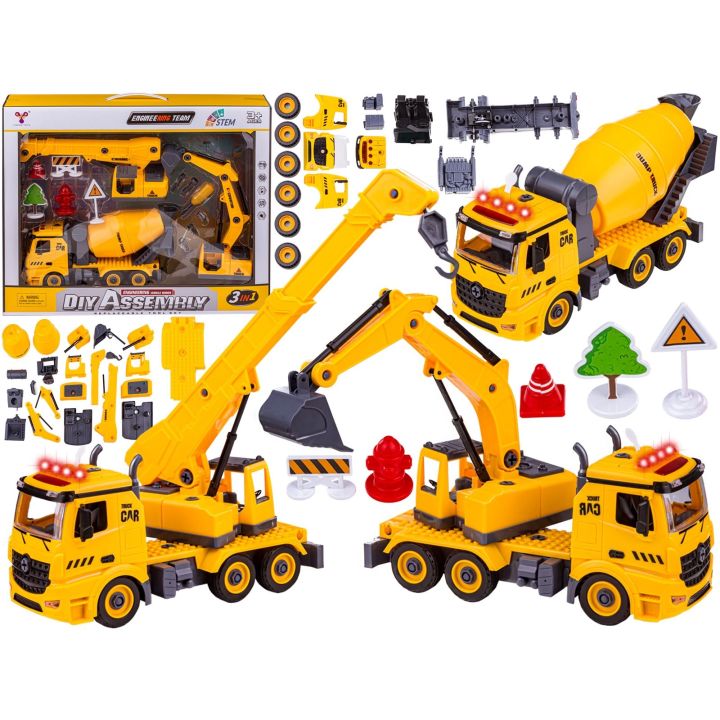 Ciężarówka 3w1, Samochód Ciężarowy Do Rozkręcania, Betoniarka, Koparka, Dźwig Z Hakiem