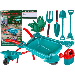 Zestaw Narzędzi Ogrodowych Dla Dzieci Taczka + Akcesoria 18 Elementów Grabki Łopata Konewka