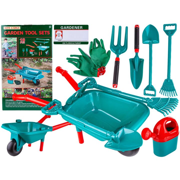 Zestaw Narzędzi Ogrodowych Dla Dzieci Taczka + Akcesoria 18 Elementów Grabki Łopata Konewka