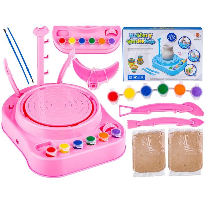 Koło Garncarskie RÓŻOWE - Mały Artysta - farbki, masa, koło, narzędzia