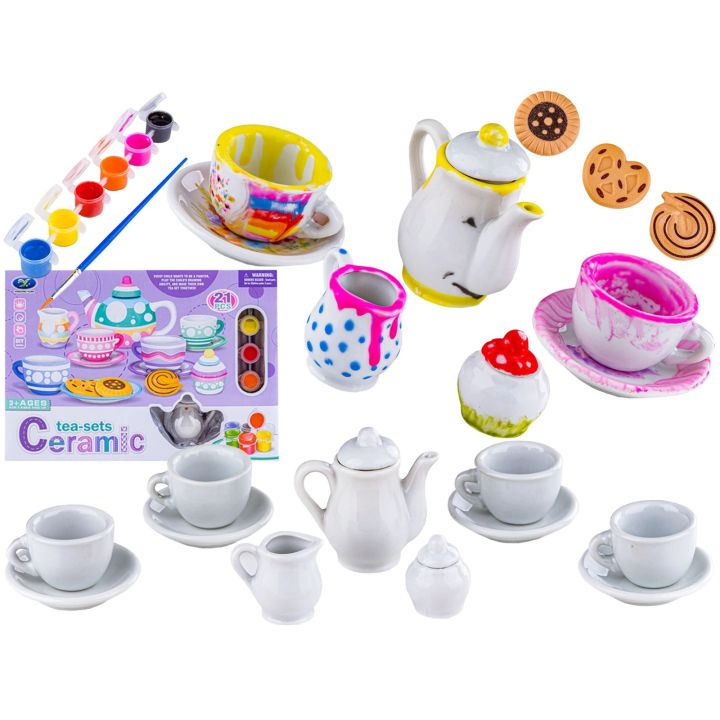 Porcelanowy Zestaw Do Malowania, Filiżanki, Imbryk, Farby + Akcesoria DIY 21 Elementów